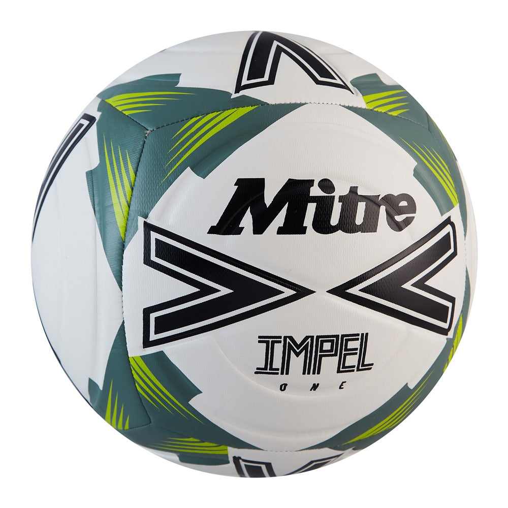 Mitre Impel One football with a white, blue, and red design, showing the textured surface and brand logo for optimal play.
