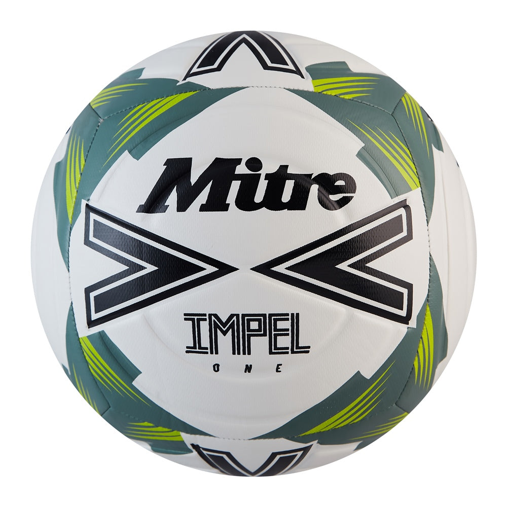 Mitre Impel One football for grass and astro fields, showing textured surface and durable construction.
