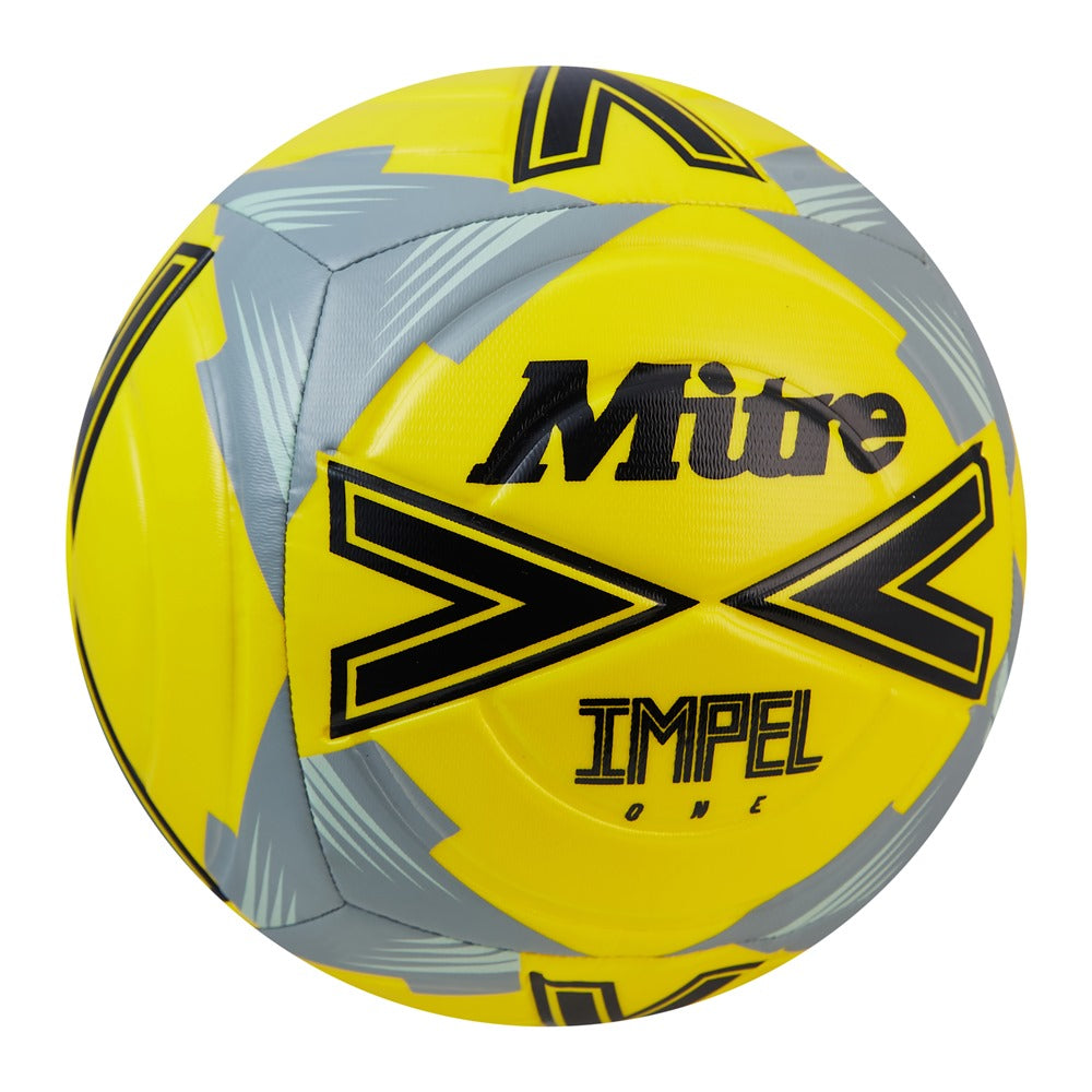 Mitre Impel One football ball with a white and blue design, featuring brand logo and textured surface for outdoor play.