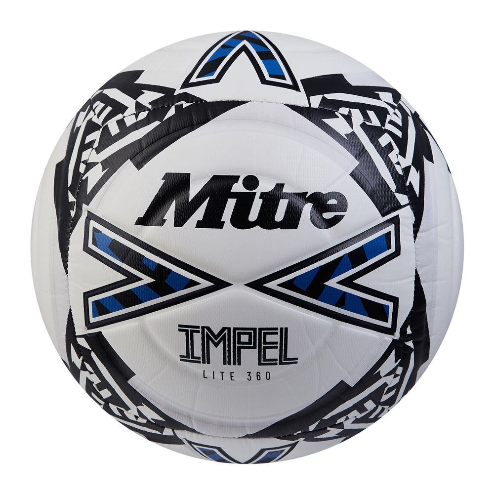 Mitre Impel Lite 360 football with white and blue panels, designed for durability and performance in football matches.