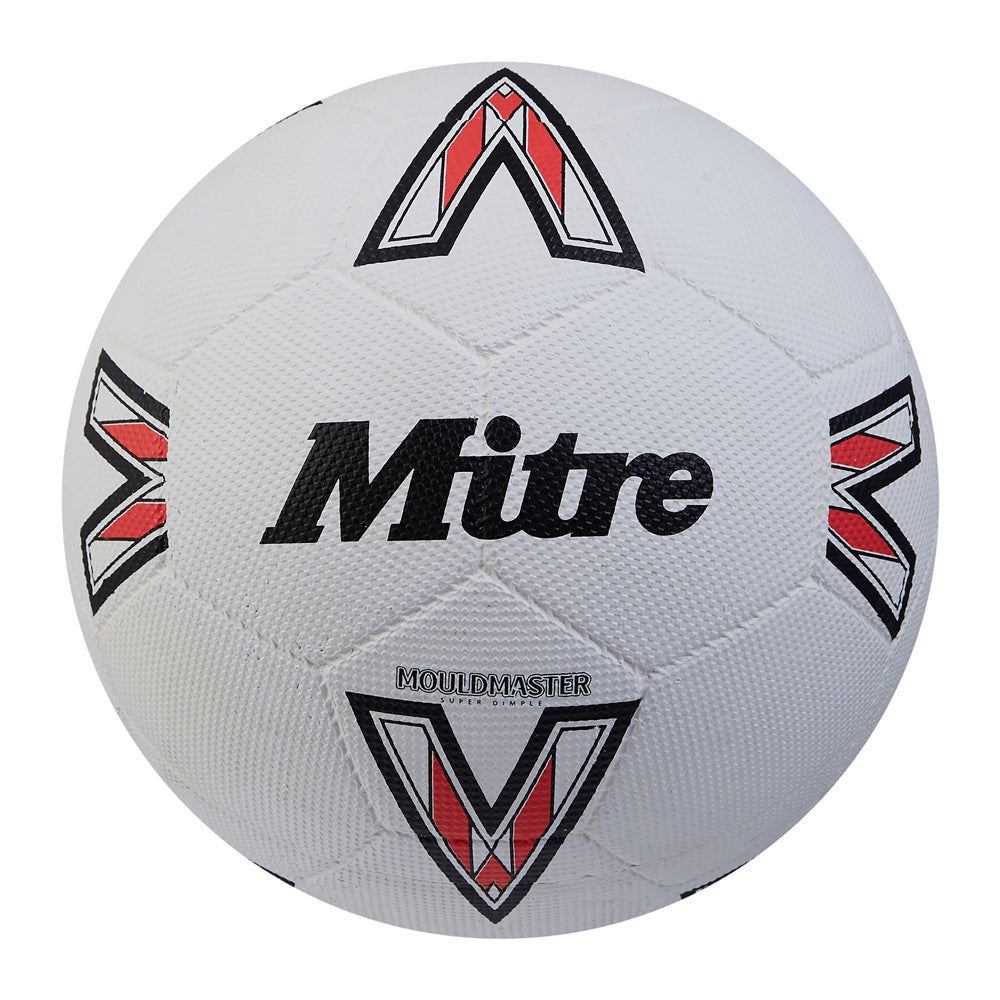Mitre Super Dimple football showing a close-up of the textured surface and classic design with black and white panels.