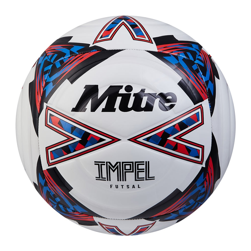 Mitre Impel Futsal football showing the patterned surface and brand logo, designed for indoor futsal games.