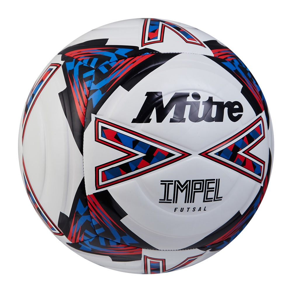 Mitre Impel Futsal football with white and blue panels, designed for indoor futsal games, featuring the Mitre brand logo.