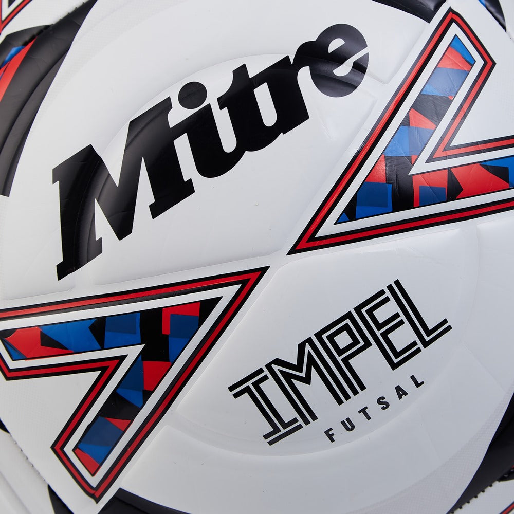 Mitre Impel Futsal Football showing a close-up of the black and white patterned futsal ball designed for indoor play.