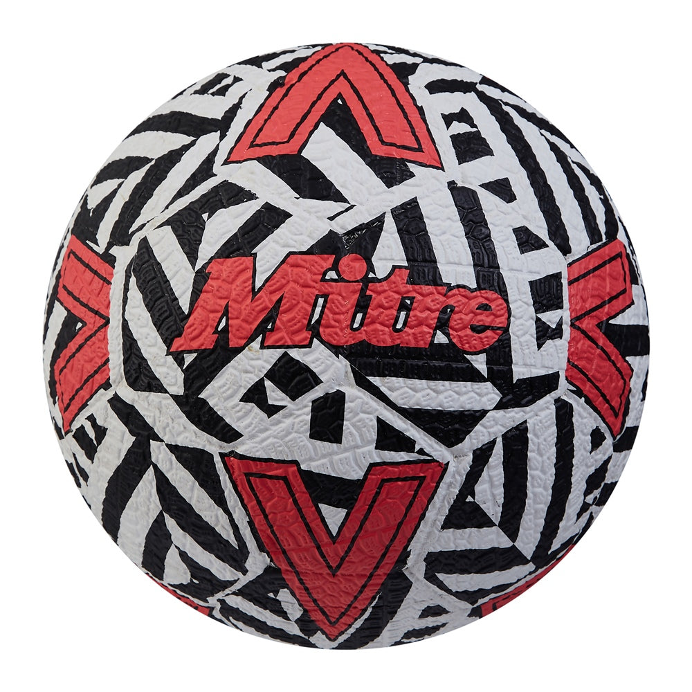 Mitre Street Soccer Football showing the black and white panel design and Mitre branding on a standard football ball.