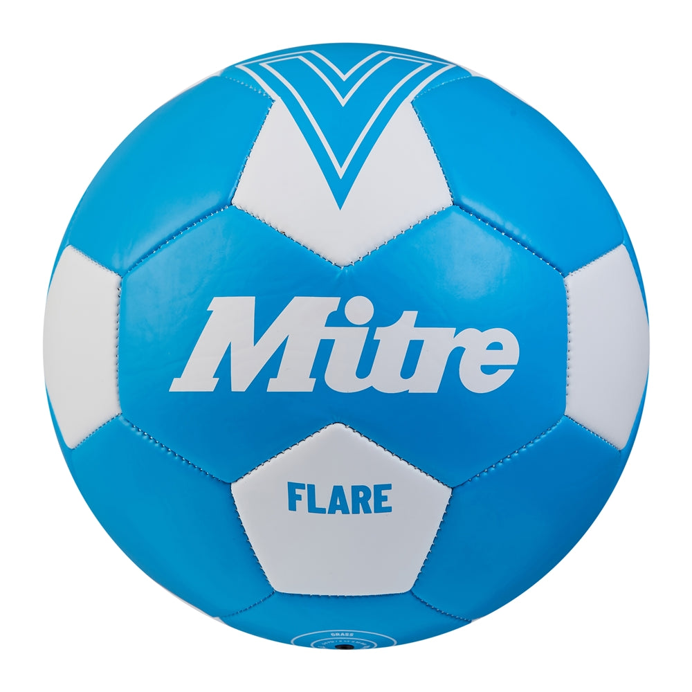 Mitre Flare football resting on grass, showing colorful panels and brand logo, designed for outdoor soccer play.