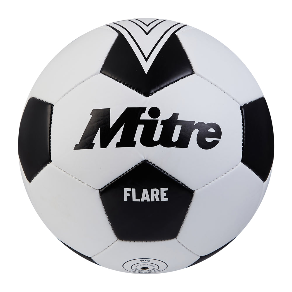 Mitre Flare Football showing orange and white panels with Mitre branding on a grass field.