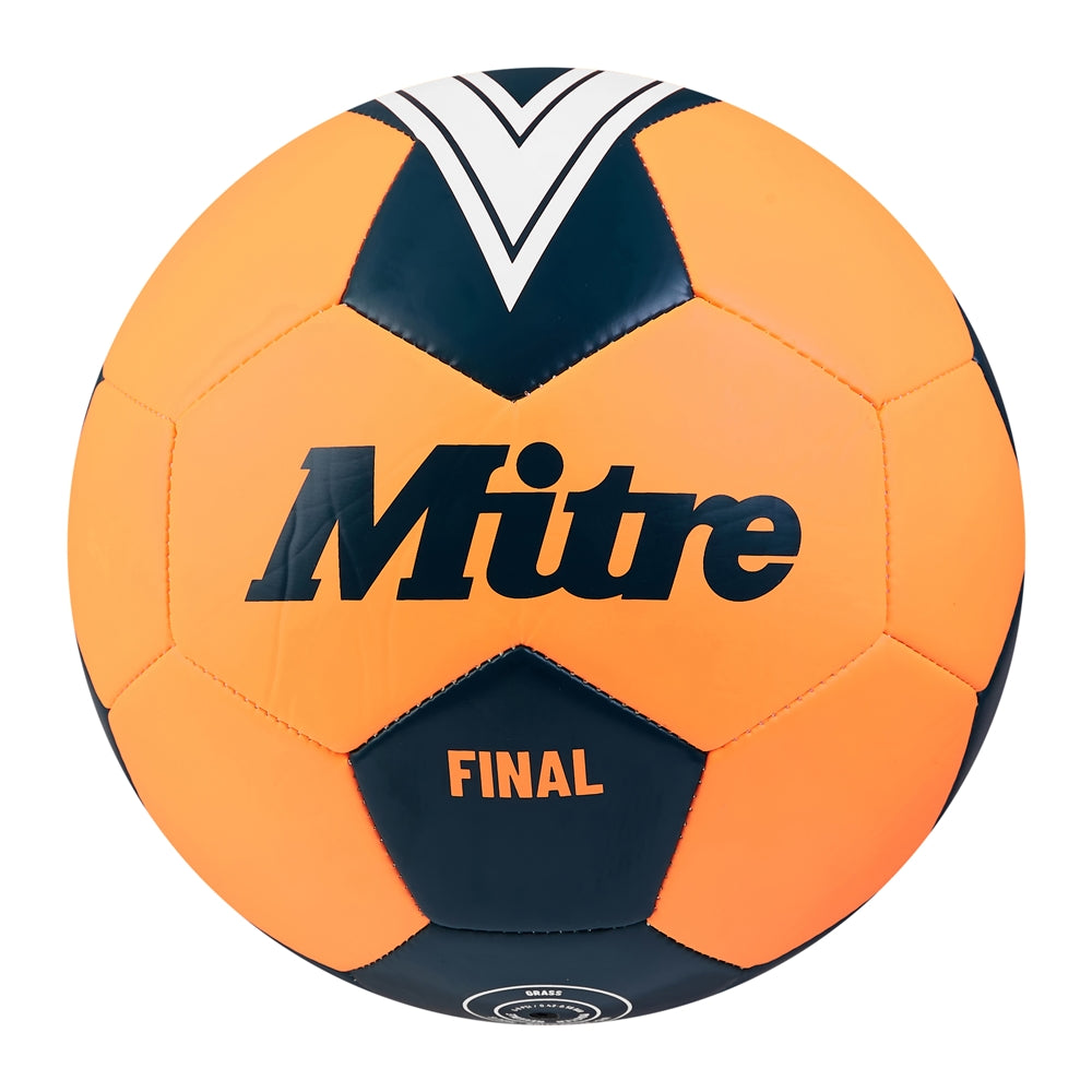 Mitre Final football showing white and black panel design, close-up of the football ball used for soccer matches.
