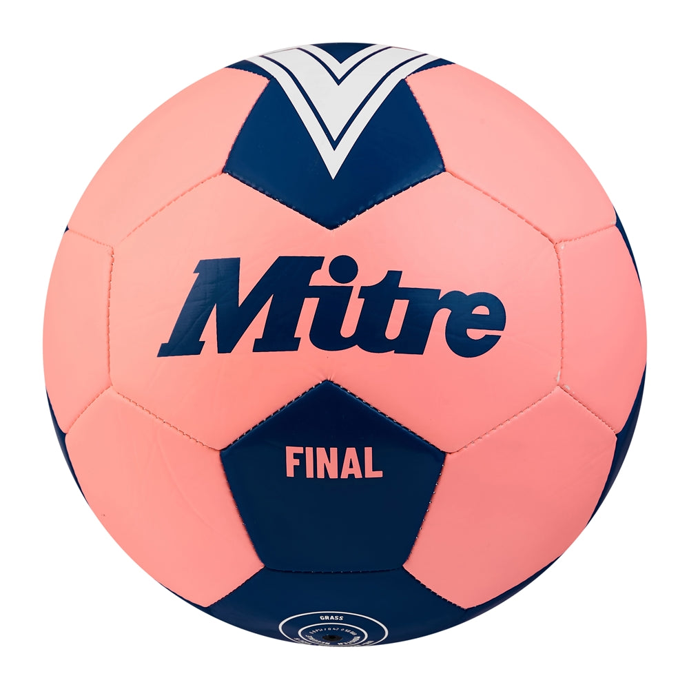 Mitre Final football showing the white and black panel design, with brand logo visible on the outdoor sports ball.