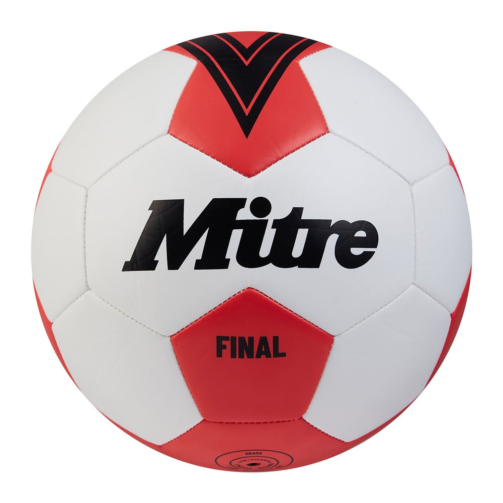 Mitre Final Football showing white and black panel design, close-up of textured surface and brand logo on the football ball.