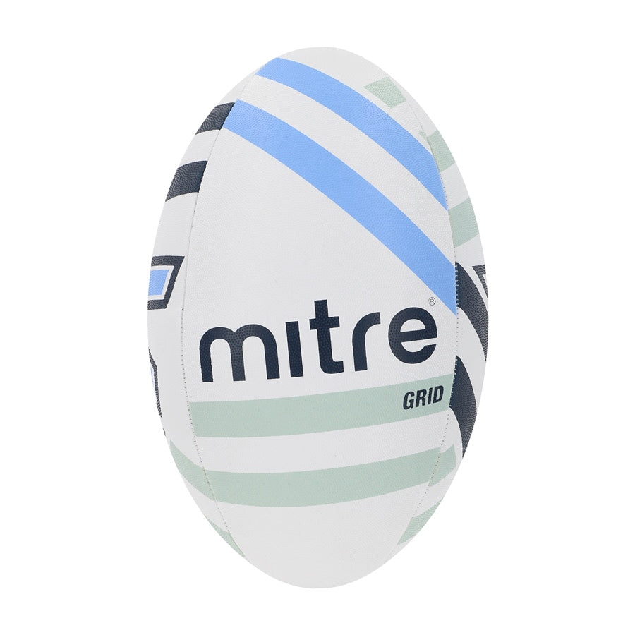 Mitre rugby ball with a traditional grid pattern, featuring the Mitre logo and vibrant colors, designed for rugby players.