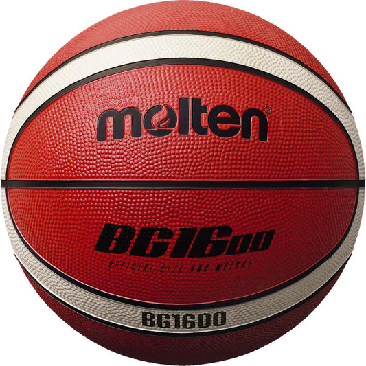 Molten 1600 rubber basketball showing textured surface and classic orange color for outdoor or indoor play.