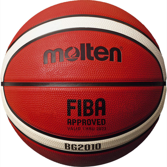 Molten BG2010 deep channel basketball for sporting goods, showing the orange basketball with deep channel design and Molten branding.