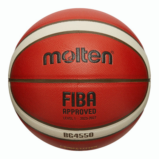 Molten 4550 Super League basketball for sporting goods, showing orange and black design with brand logo and textured surface.