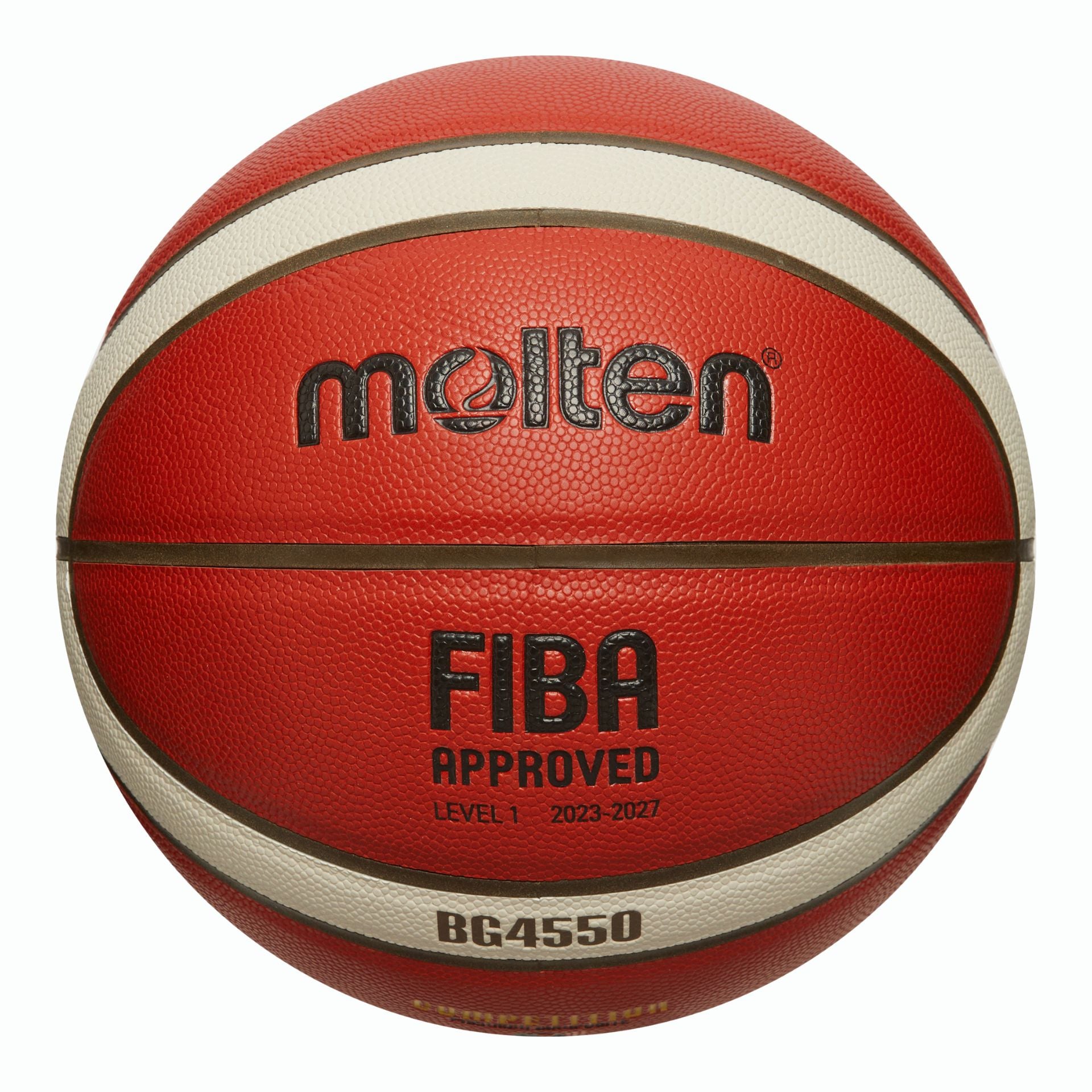 Molten 4550 Super League basketball with orange and black panels, designed for indoor and outdoor basketball games.
