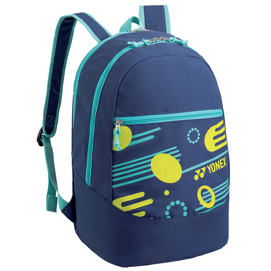 Yonex Junior backpack in black with multiple compartments, sporting goods bag with adjustable straps and brand logo on the front.