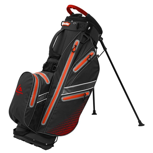 Longridge 2 Waterproof Stand Bag for golf, featuring multiple compartments and sturdy stand legs for easy carrying and organization.