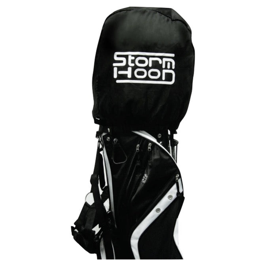 Longridge Storm golf bag rain hood protecting a golf bag from rain, made of waterproof material with adjustable drawstrings.