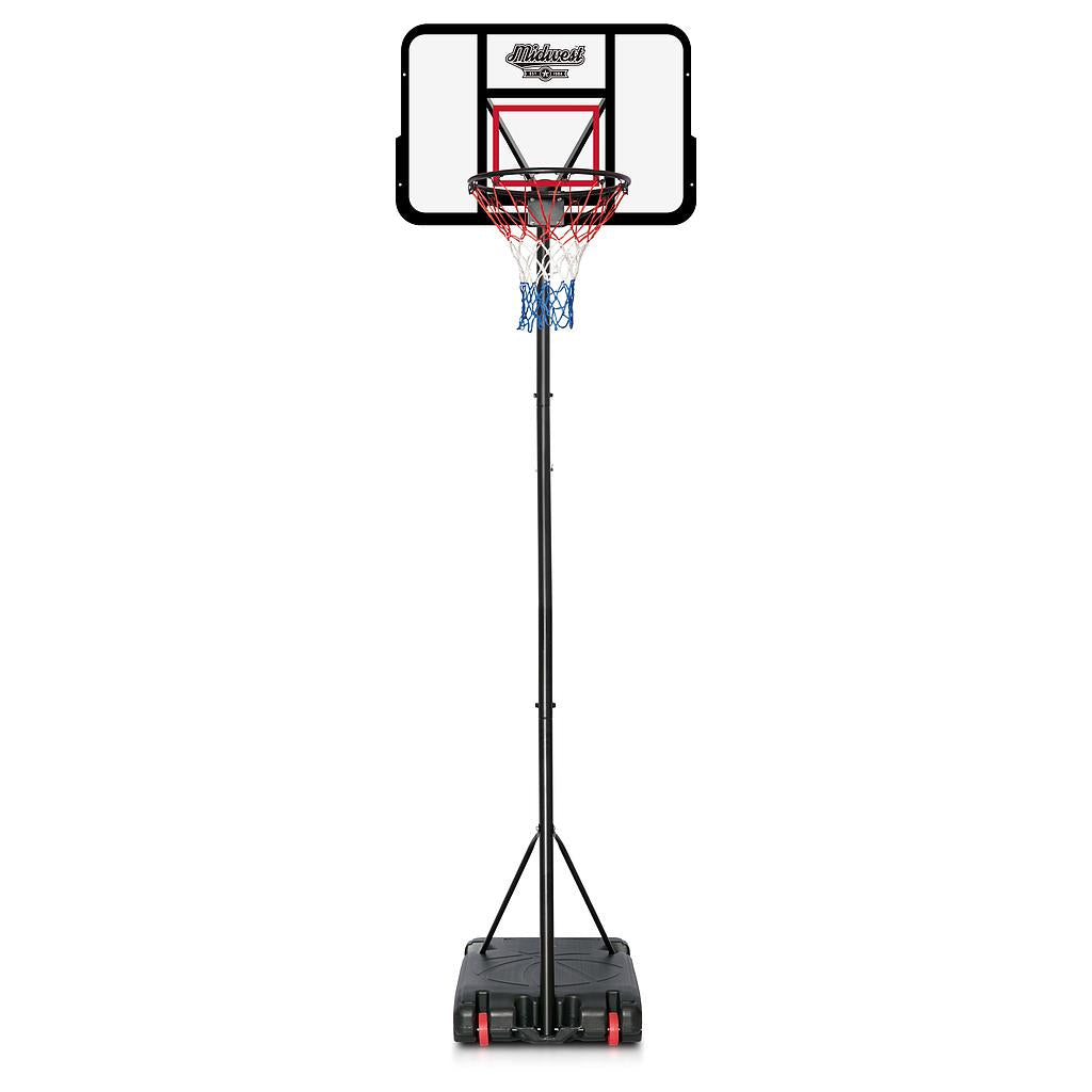 Midwest Pro Basketball Stand with adjustable height options of 8, 9, and 10 feet, designed for indoor or outdoor use.