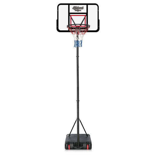 Midwest Pro Basketball Stand with adjustable height options of 8, 9, and 10 feet, designed for indoor or outdoor use.