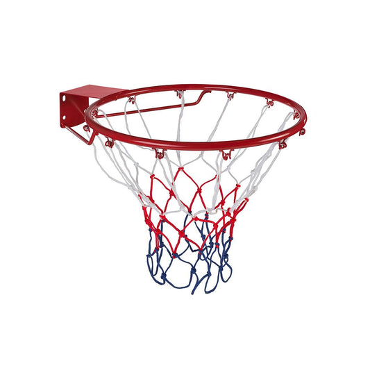 Midwest 18-inch basketball hoop and net set for indoor and outdoor sports, featuring a durable metal rim and nylon net.