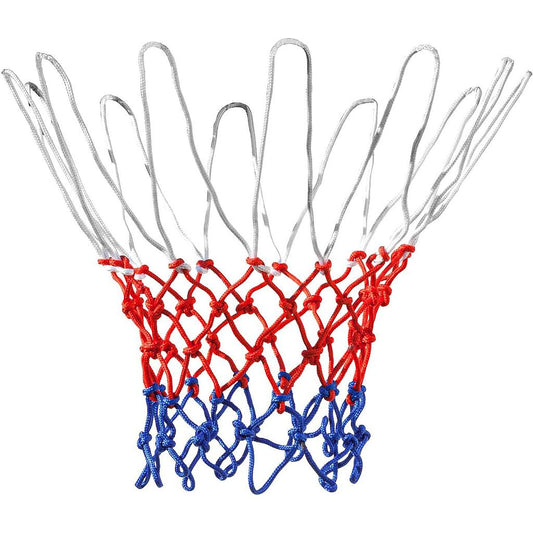 Midwest 18-inch basketball hoop replacement net hanging from the rim, designed for outdoor sports and basketball games.