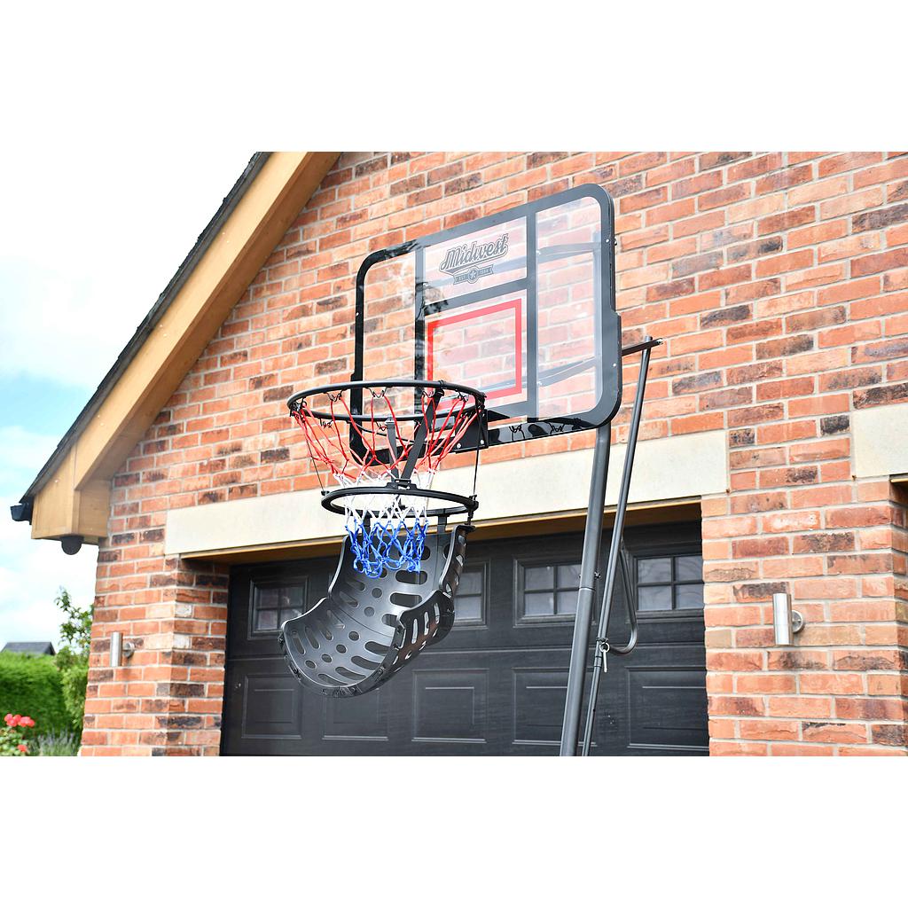 Midwest Basketball Shot Returner System for training, features a rebound net and adjustable height for sports practice.