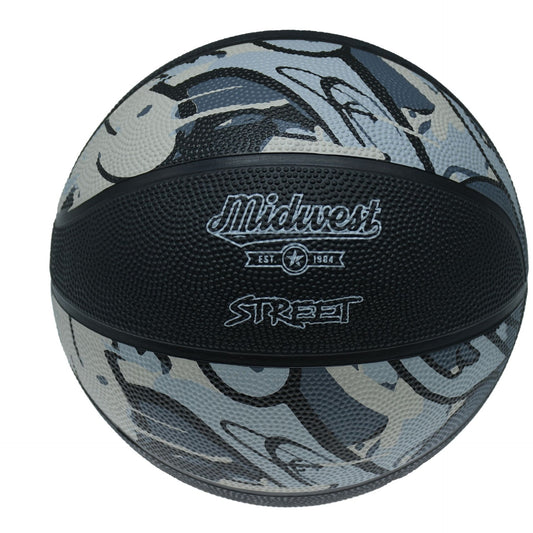 Midwest Street Basketball in orange with black details, designed for outdoor play, sporting goods product for basketball enthusiasts.