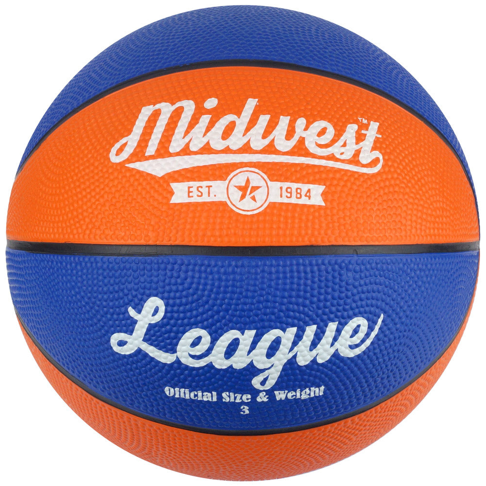 Midwest League basketball with performance rubber surface, indoor and outdoor use, sporting goods basketball in orange and black design.