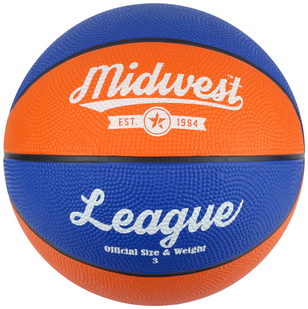 Midwest League basketball made of rubber, designed for indoor and outdoor play, shown on a smooth gym or outdoor court surface.