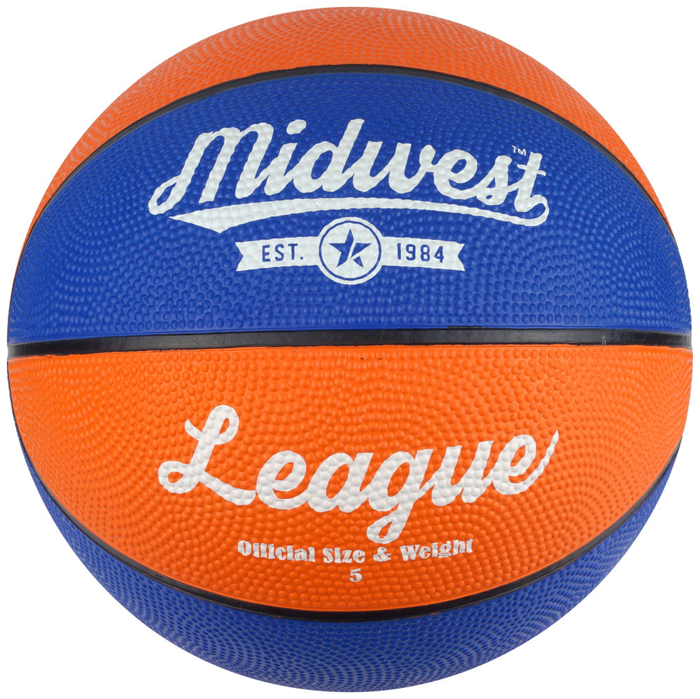 Midwest Brand Midwest League basketball, performance rubber indoor/outdoor sports ball with textured surface for grip.