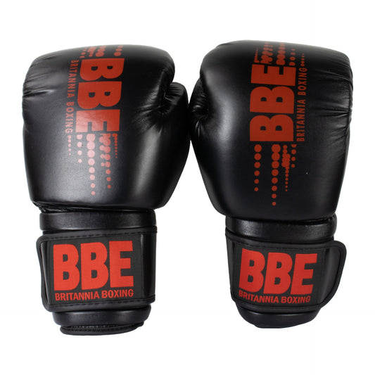 Pair of BBE FX boxing gloves in black and red, designed for boxing training and sparring, with padded wrists for support.