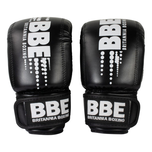 BBE Boxing PVC punch bag mitts for boxing training, featuring black and red design with padded hand protection.