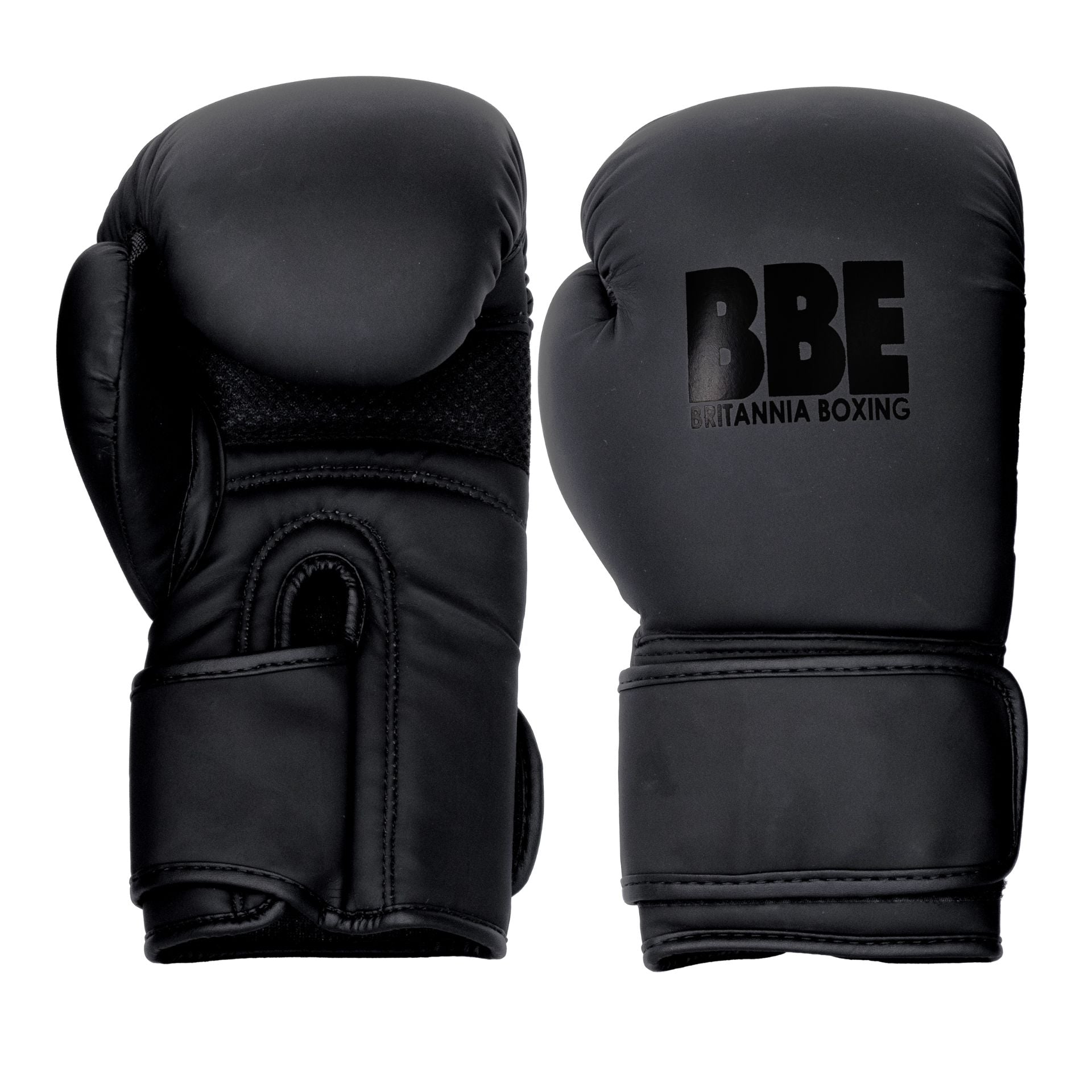 Pair of BBE Boxing sparring and bag gloves in black with red accents, designed for training and boxing workouts.