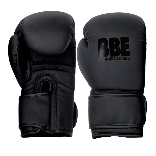 BBE Boxing sparring and bag gloves in black with padded wrist support, designed for boxing training and sparring sessions.