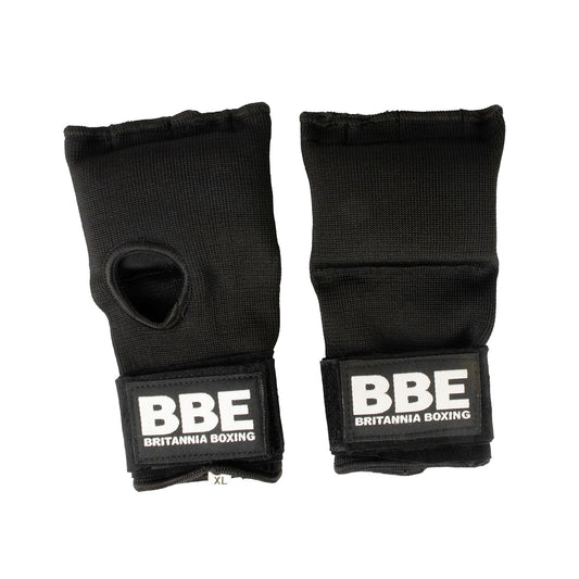 BBE Boxing padded inner glove for boxing and training, shown in black with soft foam padding and adjustable wrist strap.