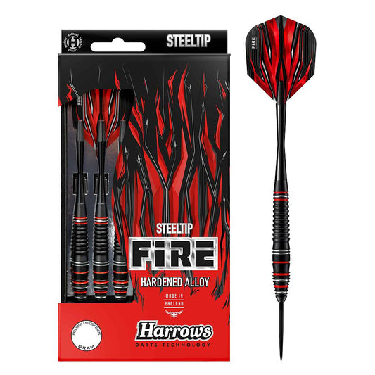 Harrows Fire high grade alloy darts with black barrels and silver tips, designed for precision and durability in sporting darts.