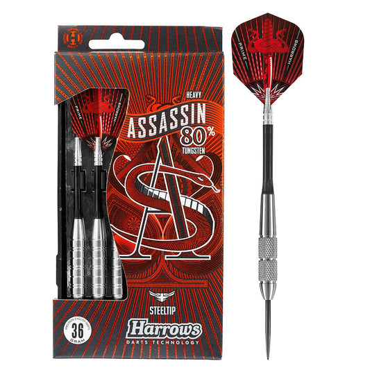 Harrows Assassin 80% tungsten darts with black and silver barrels, designed for professional dart players and precision throwing.