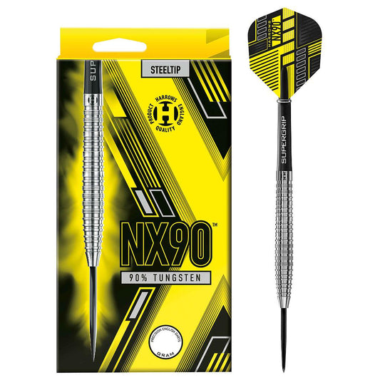 Harrows NX90 90% tungsten darts with pointed tips and sleek design, ideal for professional-level dart games.