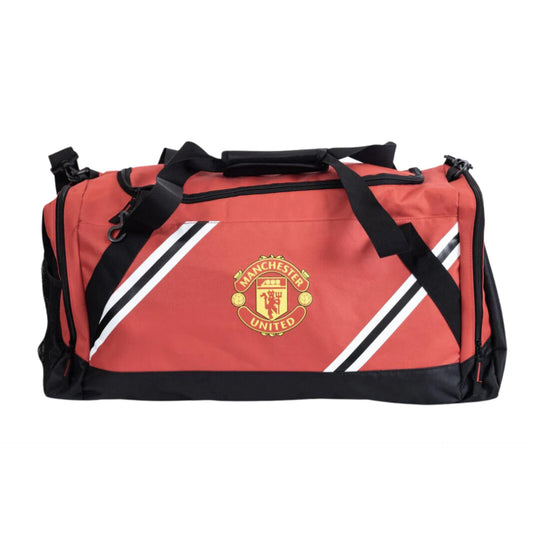 Foco Manchester United Core Stripe duffle bag with red, white, and black stripes, sporting goods bag with handles and zipper closure.