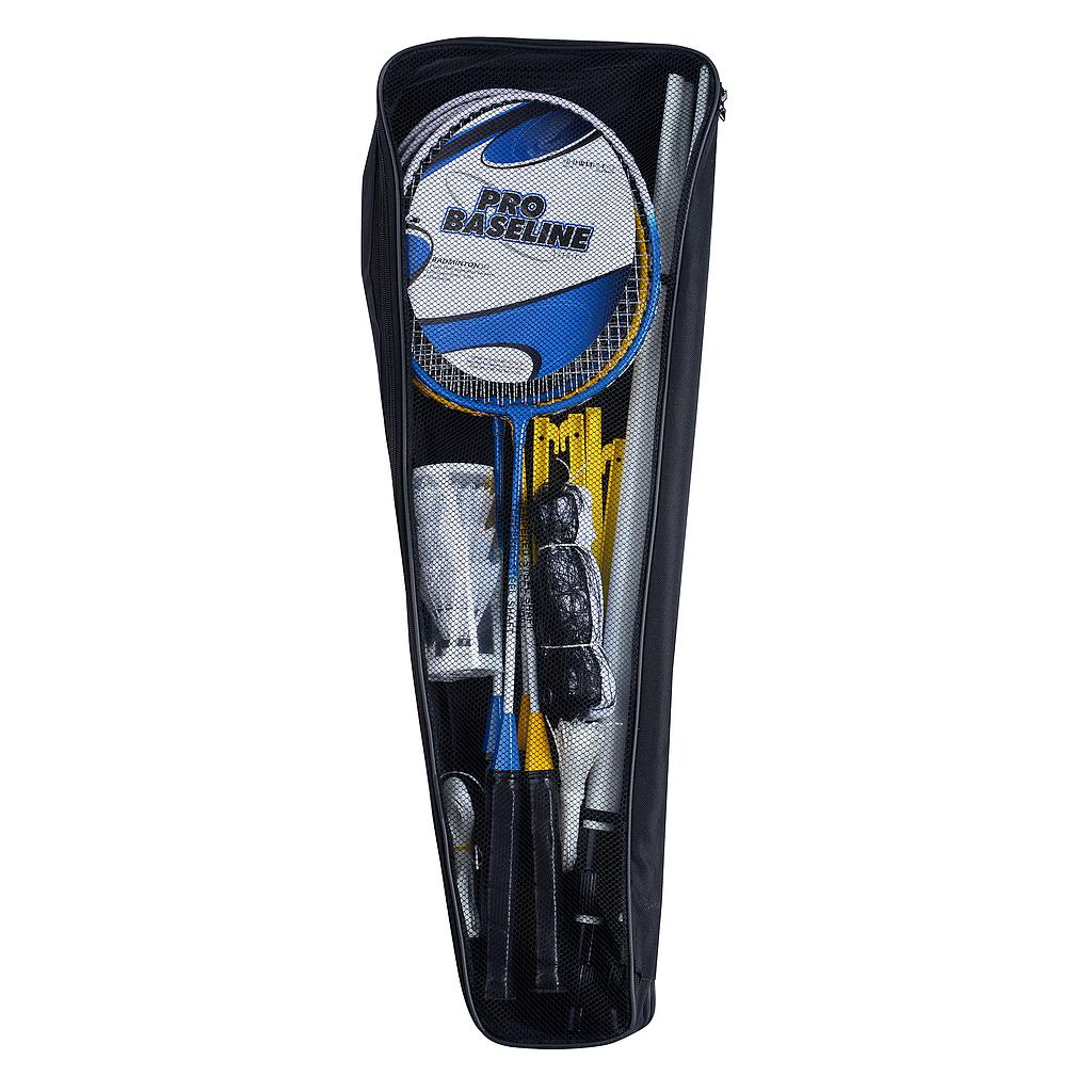 Baseline 4-player pro badminton set with rackets, shuttlecocks, and net for outdoor or indoor play.