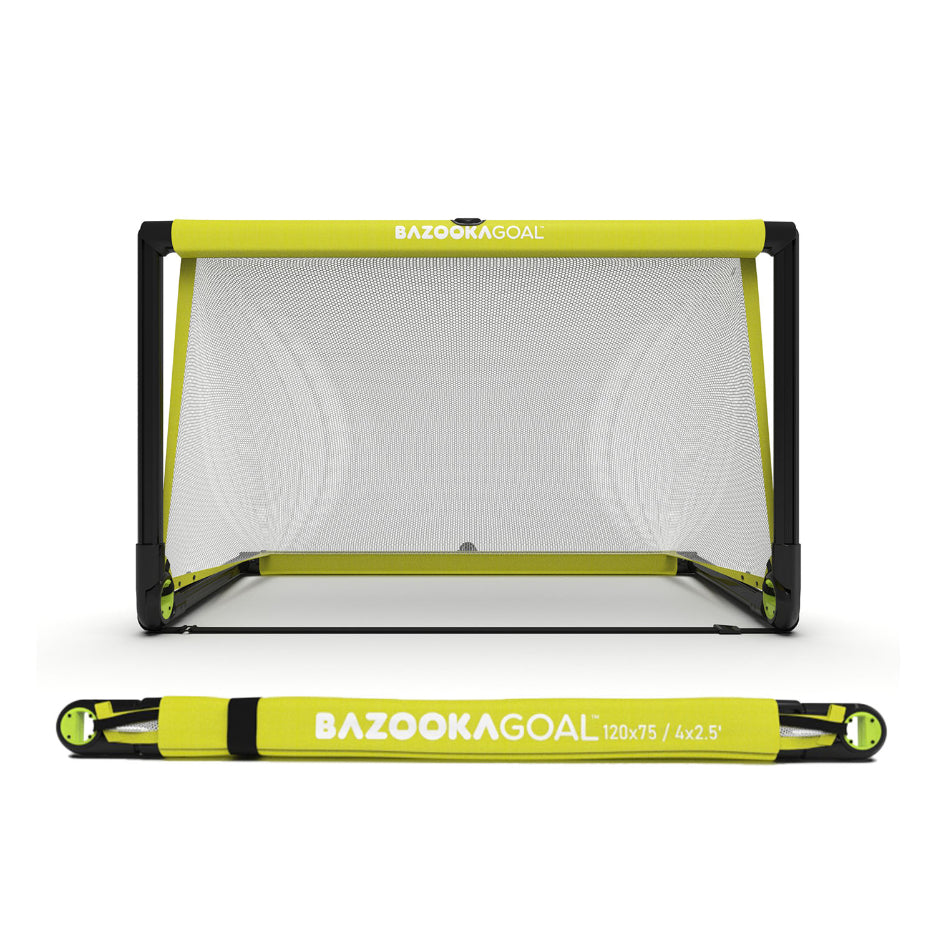 BazookaGoal pop-up football goals set up outdoors, lightweight sporting goods for practicing soccer skills and games.