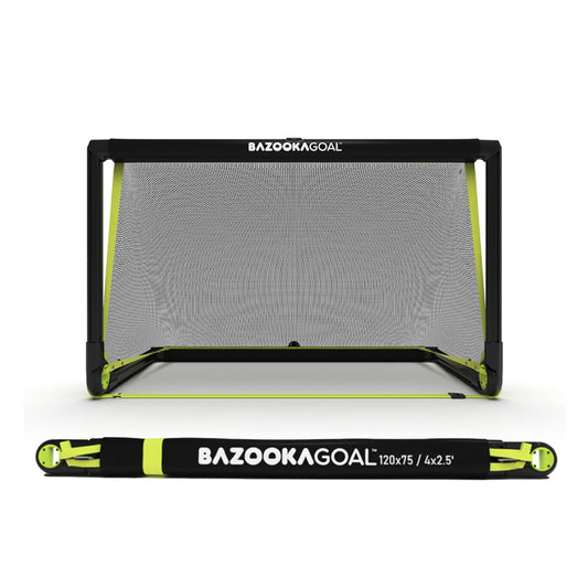 BazookaGoal Pop-Up Football Goals set up outdoors, featuring lightweight, foldable design suitable for quick soccer practice and games.