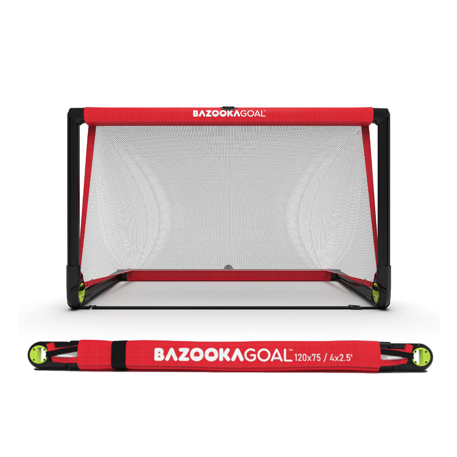 BazookaGoal pop-up football goals set up outdoors, lightweight sporting goods for quick soccer goal assembly and practice.
