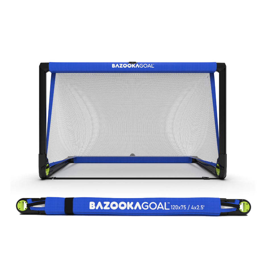 BazookaGoal Pop-Up Football Goals set up outdoors with lightweight, portable sporting goods for soccer practice and games.
