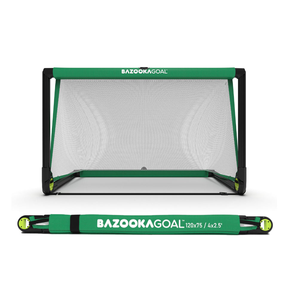 BazookaGoal Pop-Up Football Goals set up on grass for soccer practice, featuring lightweight, foldable design for easy portability.