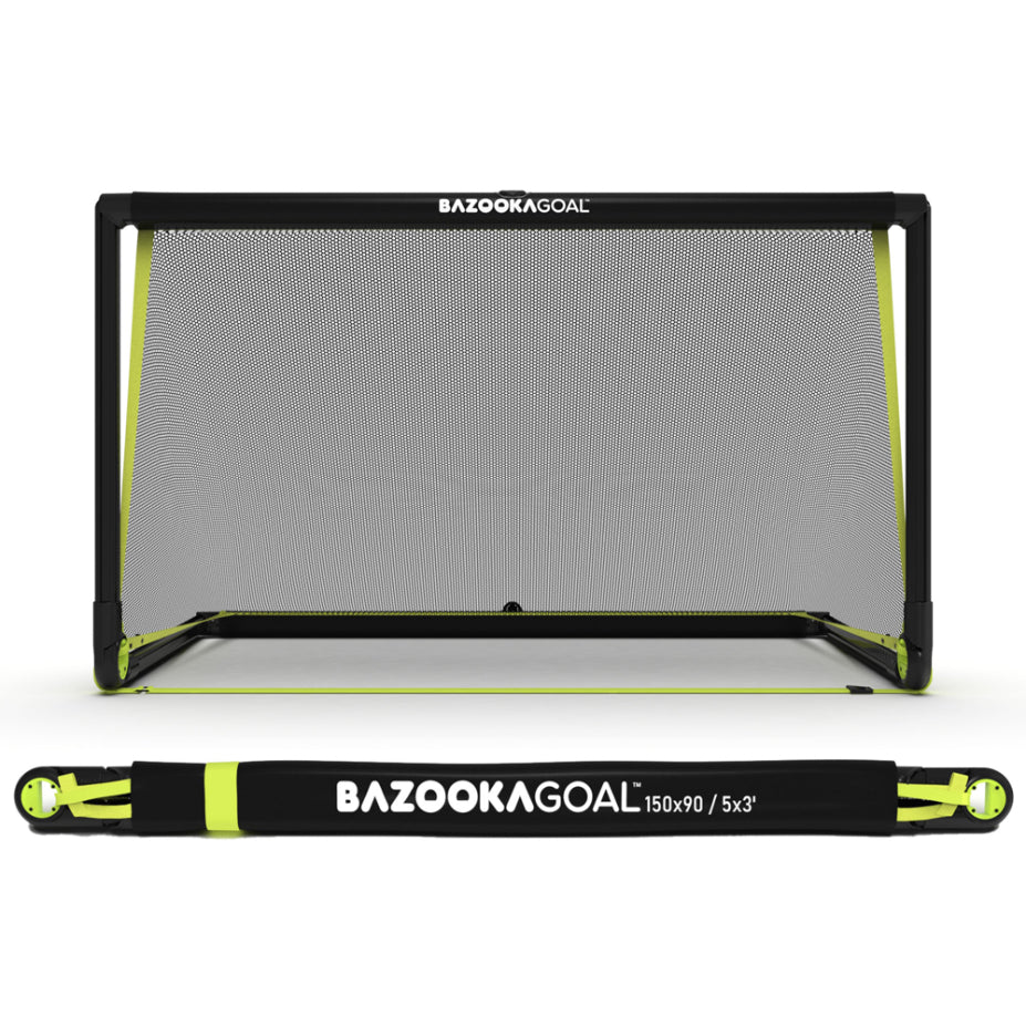 BazookaGoal pop-up football goals set up outdoors, featuring lightweight frames and netting for quick assembly and easy transport.