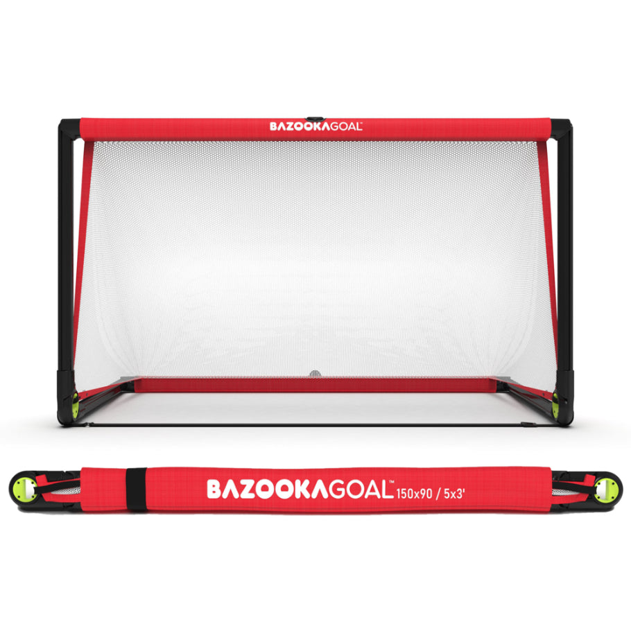 BazookaGoal pop-up football goals set up outdoors, lightweight sporting goods for quick soccer goal assembly and practice.