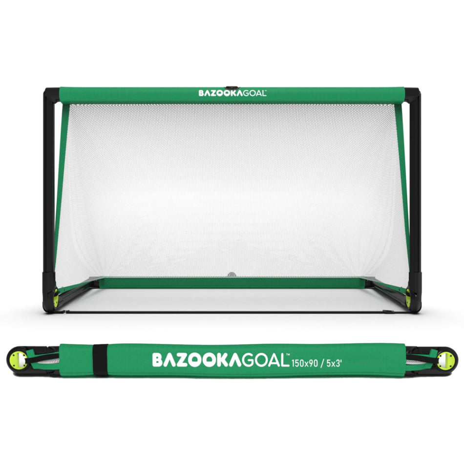 BazookaGoal Pop-Up Football Goals set up on grass, lightweight sporting goods for quick soccer practice or game setup.