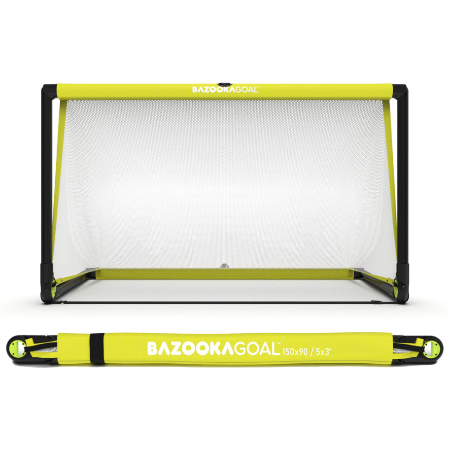 BazookaGoal Pop-Up Football Goals set up on grass for soccer practice, lightweight and portable sporting goods by BazookaGoal.